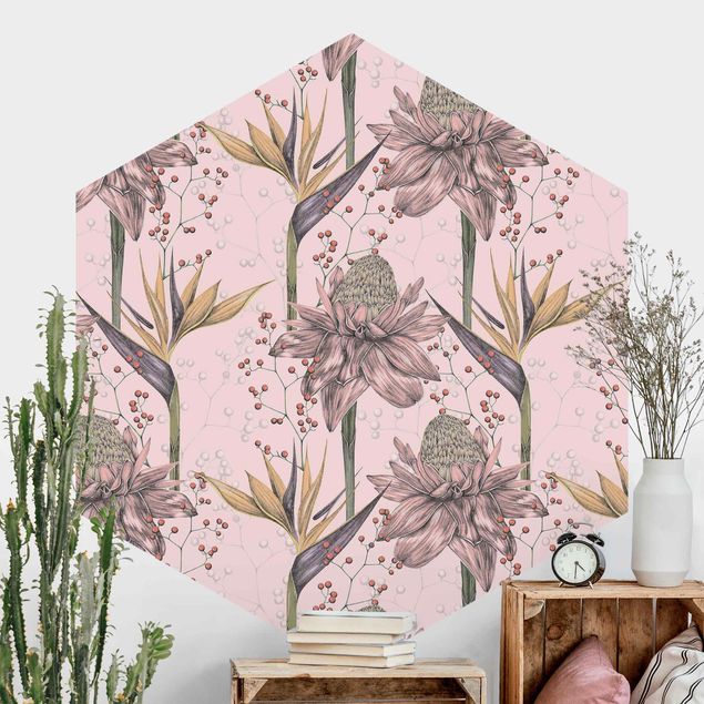 decoraçao para parede de cozinha Floral Elegance Vintage Strelitzia On Pink Backdrop XXL