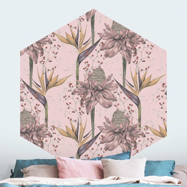 Papel de parede padrões Floral Elegance Vintage Strelitzia On Pink Backdrop XXL
