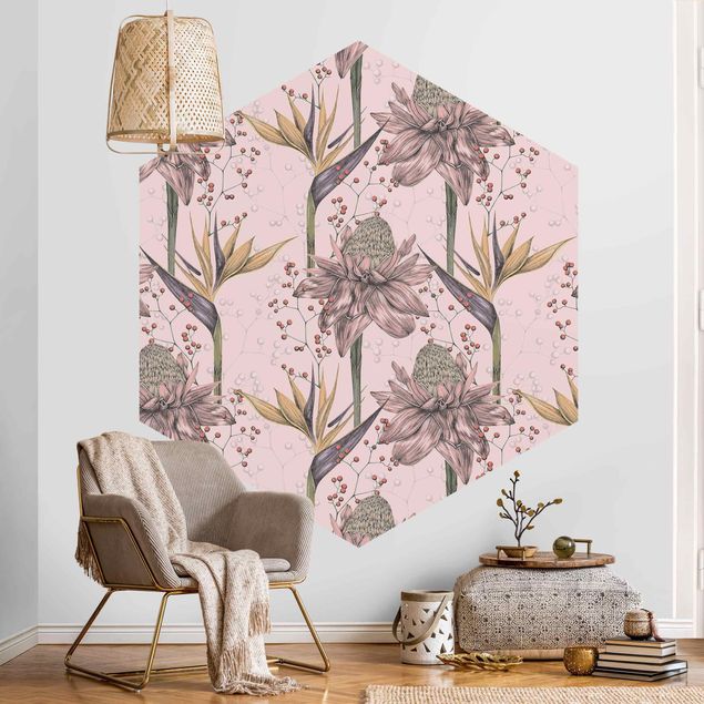 papel parede vintage Floral Elegance Vintage Strelitzia On Pink Backdrop XXL
