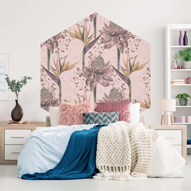 papel de parede para quarto de casal moderno Floral Elegance Vintage Strelitzia On Pink Backdrop XXL