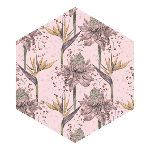 Papel de parede hexagonal Floral Elegance Vintage Strelitzia On Pink Backdrop XXL
