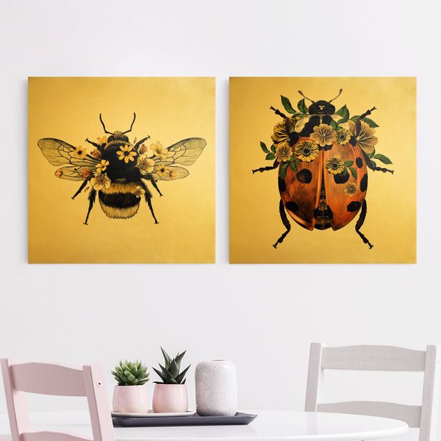 Telas decorativas flores Floral Illustration - Bumblebee And Ladybug