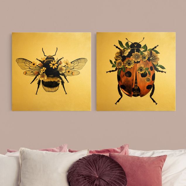 Quadros em amarelo Floral Illustration - Bumblebee And Ladybug