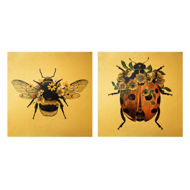 quadros para parede Floral Illustration - Bumblebee And Ladybug