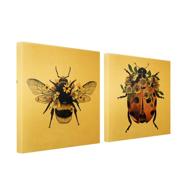 quadros em tela Floral Illustration - Bumblebee And Ladybug