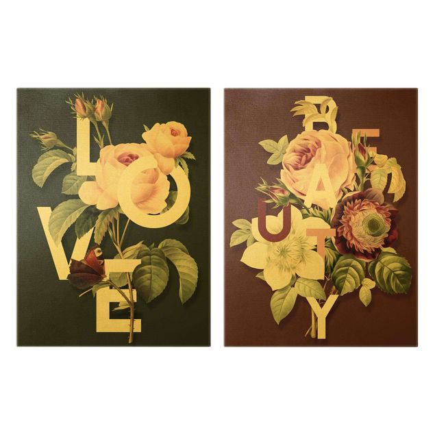 quadros flores Floral Typography - Love & Beauty