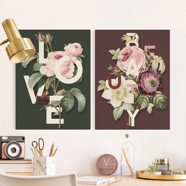 Telas decorativas rosas Floral Typography - Love & Beauty