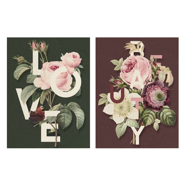 quadros flores Floral Typography - Love & Beauty