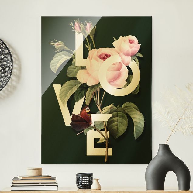 Quadros em vidro de rosas Florale Typography - Love