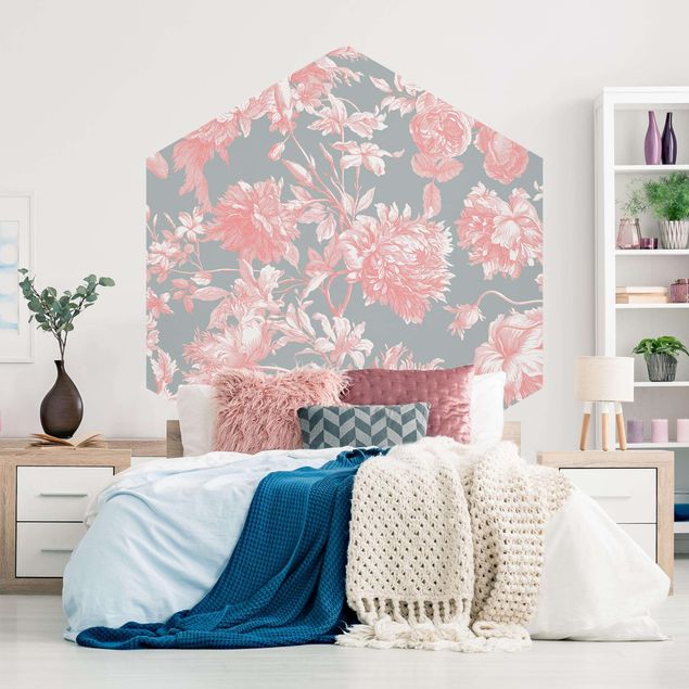 papel de parede para quarto de casal moderno Floral Copper Engraving Pink Grey