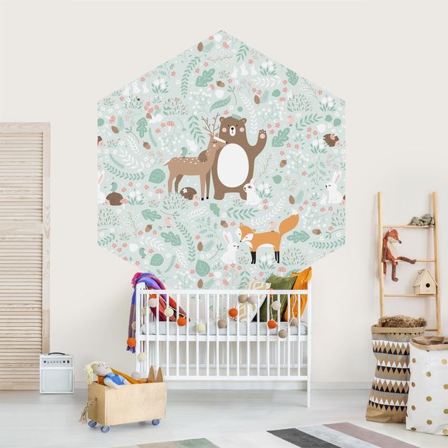 papel de parede moderno para sala Forest-Friends-With-Forest-Animals