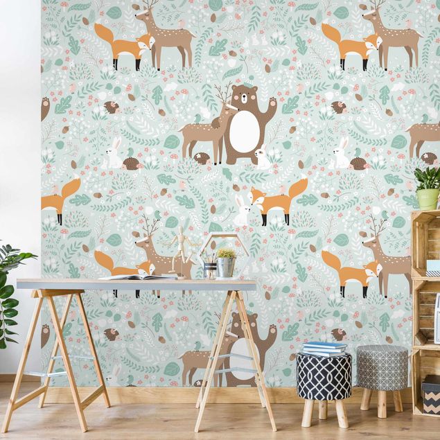 papel de parede moderno para sala Forest-Friends-With-Forest-Animals