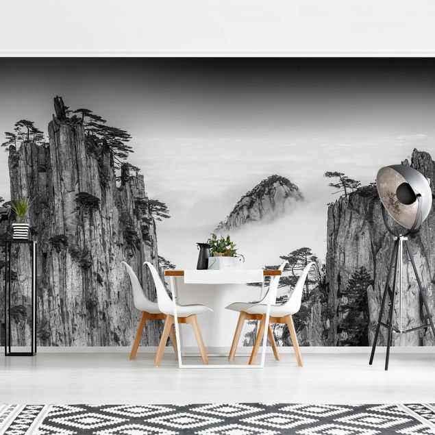 papel de parede para quarto de casal moderno Rocks In Fog In Black And White