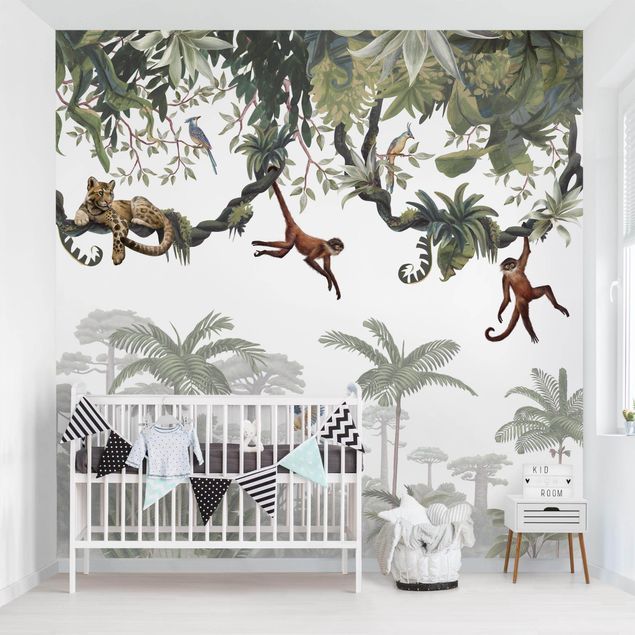papel de parede moderno para sala Cheeky monkeys in tropical canopies