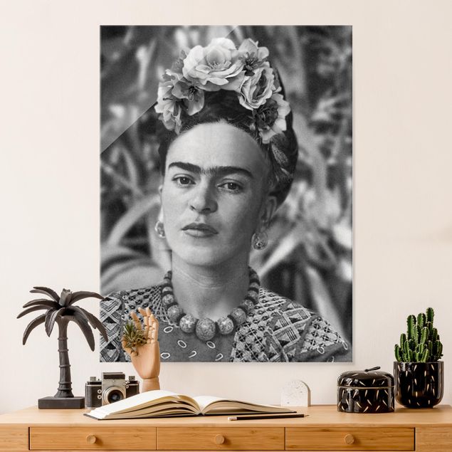 Quadros em vidro em preto e branco Frida Kahlo Photograph Portrait With Flower Crown