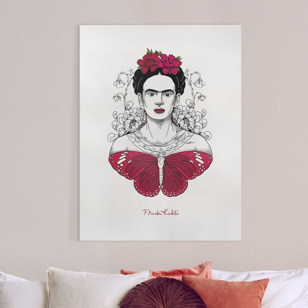 Telas decorativas borboletas Frida Kahlo Portrait With Flowers And Butterflies