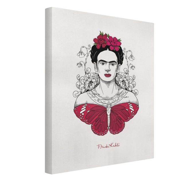 Quadros famosos Frida Kahlo Portrait With Flowers And Butterflies