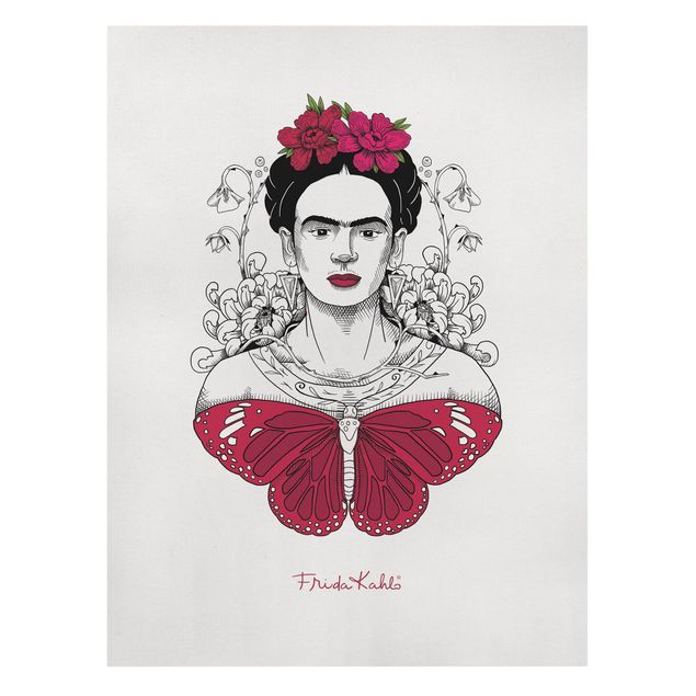 Telas decorativas animais Frida Kahlo Portrait With Flowers And Butterflies