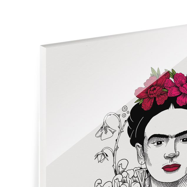 quadro de vidro Frida Kahlo Portrait With Flowers And Butterflies