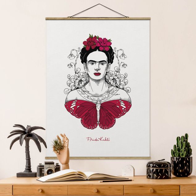 Quadros borboletas Frida Kahlo Portrait With Flowers And Butterflies