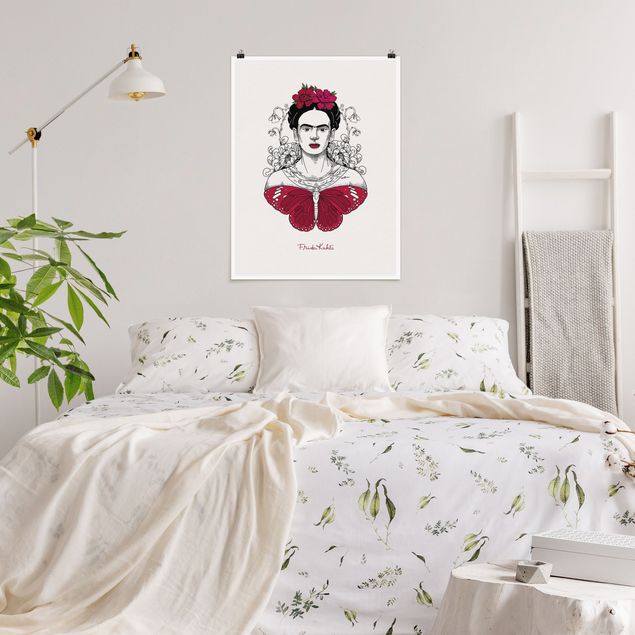 Posters quadros famosos Frida Kahlo Portrait With Flowers And Butterflies