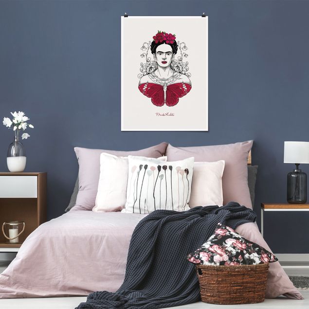 Posters animais Frida Kahlo Portrait With Flowers And Butterflies