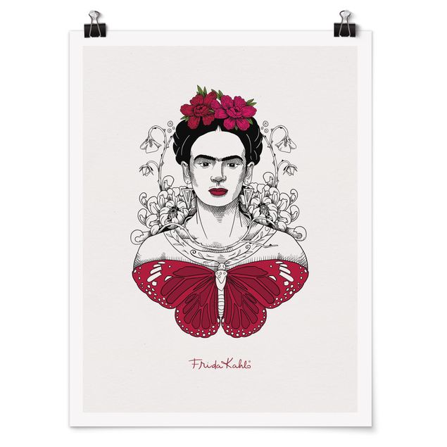 Quadros famosos Frida Kahlo Portrait With Flowers And Butterflies