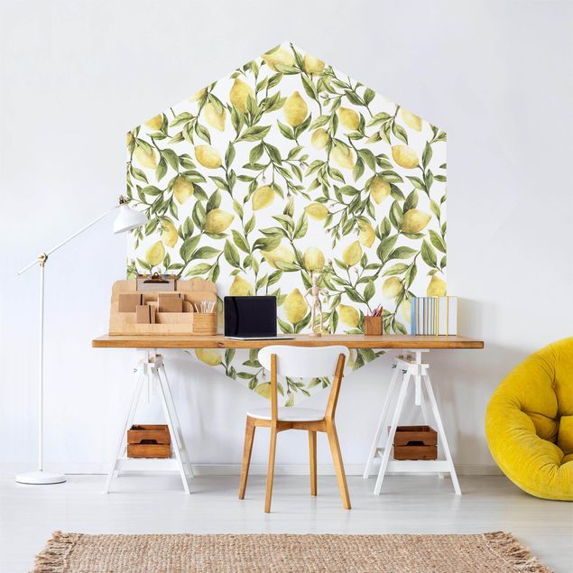 papel de parede para quarto de casal moderno Fruity Lemons With Leaves