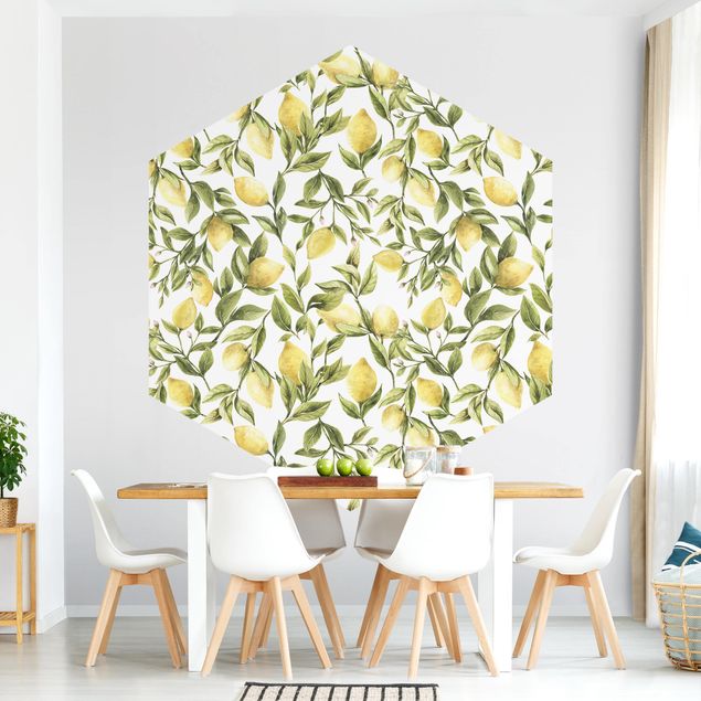 Papel de parede hexagonal Fruity Lemons With Leaves