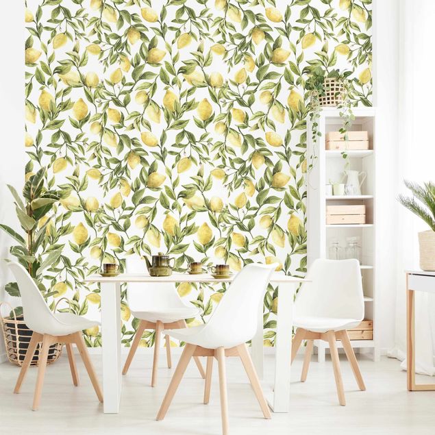 papel de parede com amarelo Fruity Lemons With Leaves