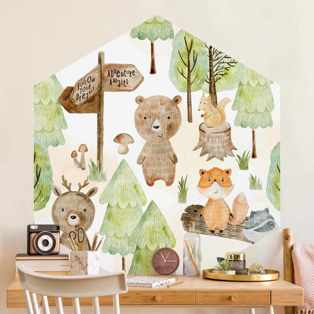 papel parede de floresta Fox And Bear With Trees