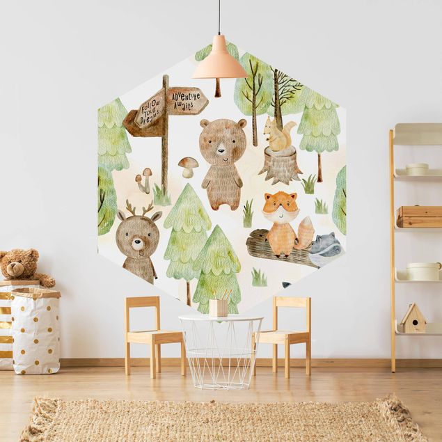 papel de parede com paisagem Fox And Bear With Trees