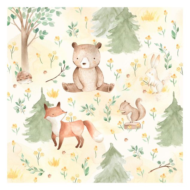 Mural de parede Fox and bear with flowers and trees