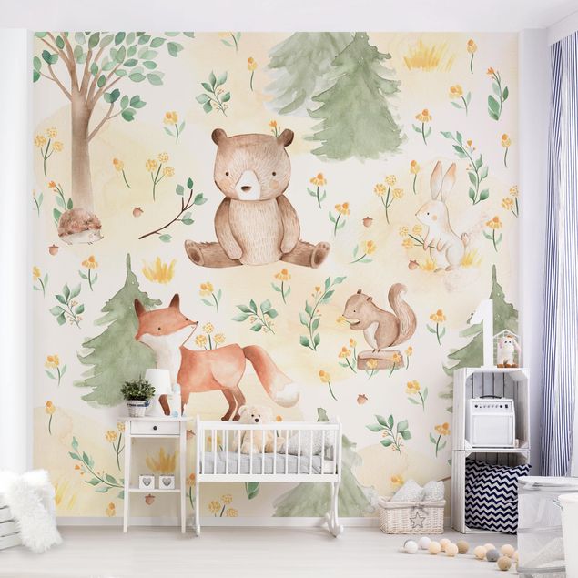 papel de parede moderno Fox and bear with flowers and trees