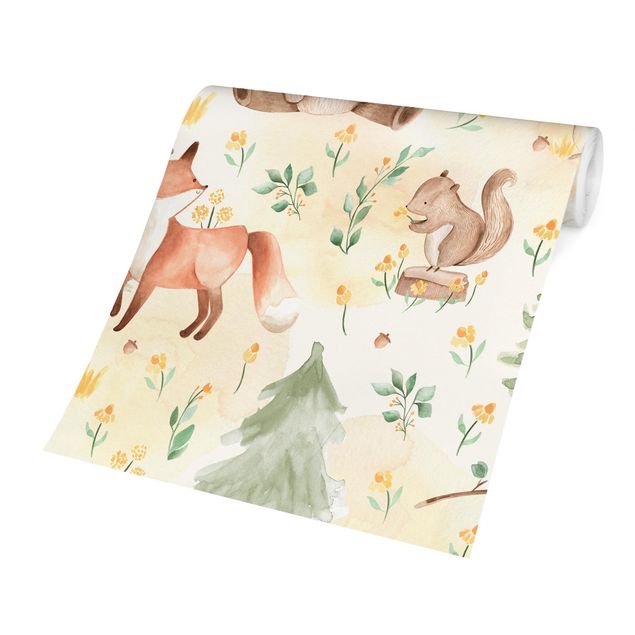 Papel de parede amarelo Fox and bear with flowers and trees