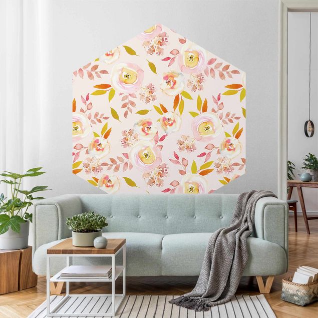 papel de parede para quarto de casal moderno Yellow Leaves With Watercolour Flowers In Front Of Pink