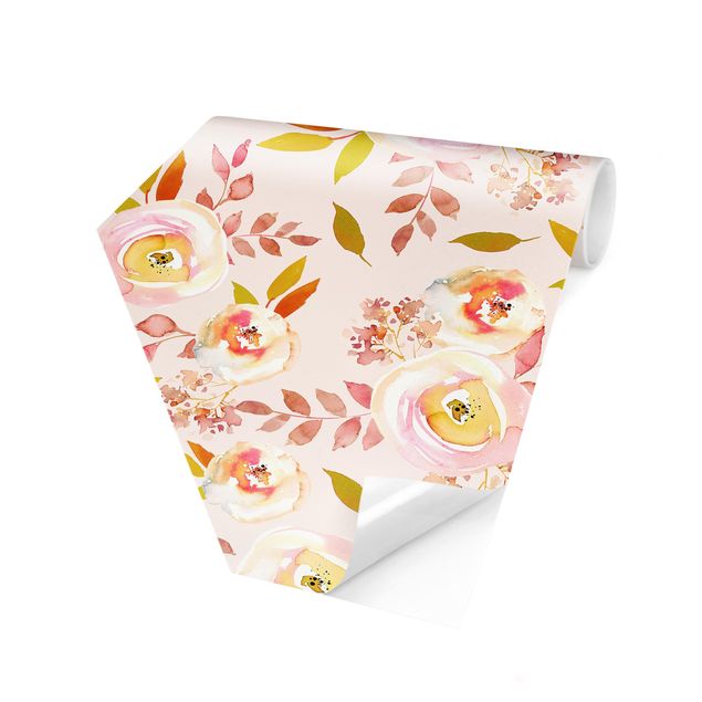 papel parede rosa Yellow Leaves With Watercolour Flowers In Front Of Pink