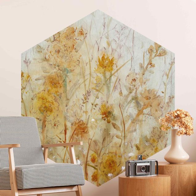 papel parede vintage Yellow Meadow Of Wild Flowers