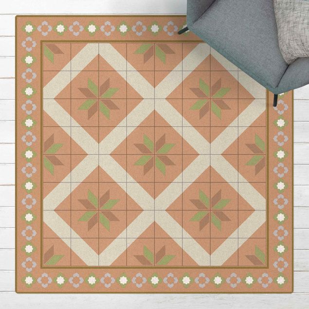 tapete para sala moderno Geometrical Tiles Rhombal Flower Olive Green With Border