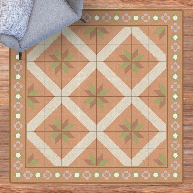 decoraçao cozinha Geometrical Tiles Rhombal Flower Olive Green With Border