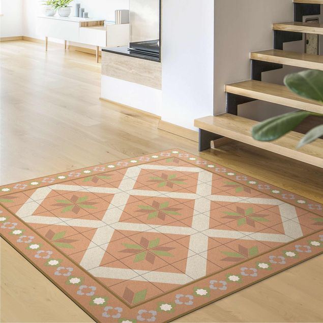 Tapetes imitação azulejos Geometrical Tiles Rhombal Flower Olive Green With Border