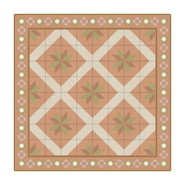 tapete pequenininho Geometrical Tiles Rhombal Flower Olive Green With Border