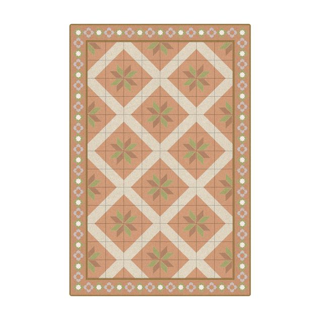 tapetes pequenos Geometrical Tiles Rhombic Flower Olive Green With narrow Border