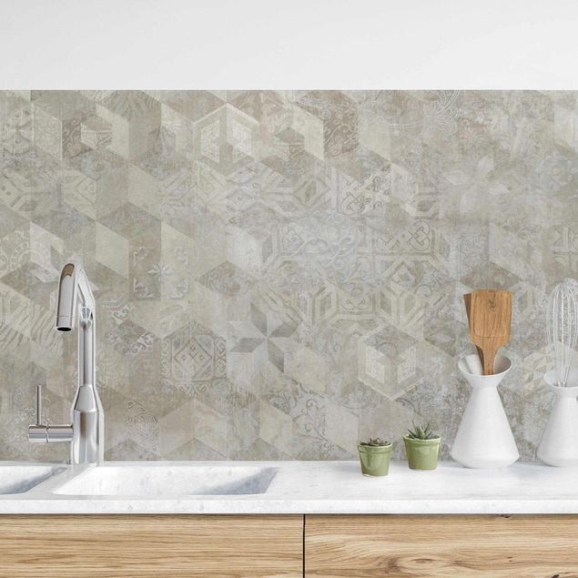 Backsplash de cozinha imitação azulejos Geometrical Vintage Pattern with Ornaments Beige