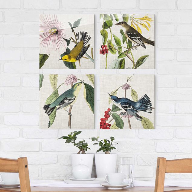 Quadros em vidro flores Birds On Linen Set II