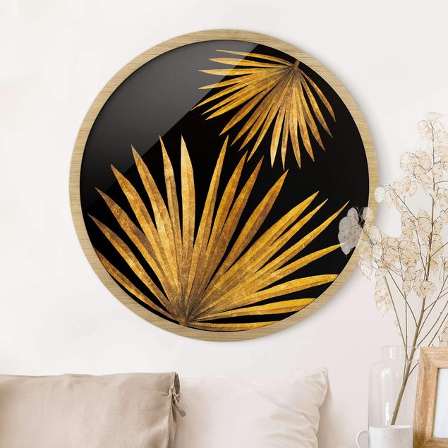 Quadros com moldura flores Gold - Palm Leaf On Black