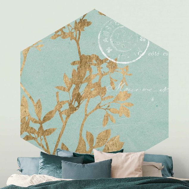 Papel de parede vintage Golden Leaves On Turquoise I
