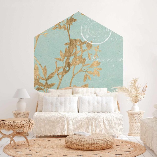 papel de parede moderno Golden Leaves On Turquoise I
