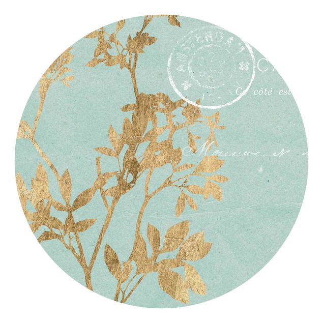 papel de parede floral Golden Leaves On Turquoise I