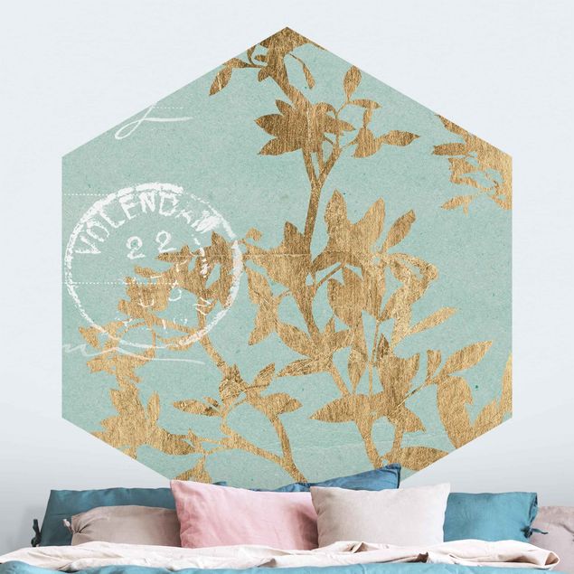 papel parede vintage Golden Leaves On Turquoise II